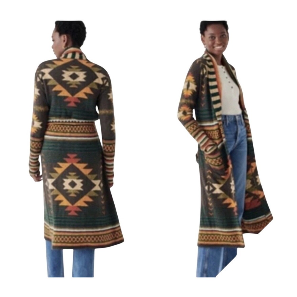 Faherty B.Yellowtail Organic Cotton Duster Cardigan XS Geometric Green Multi
